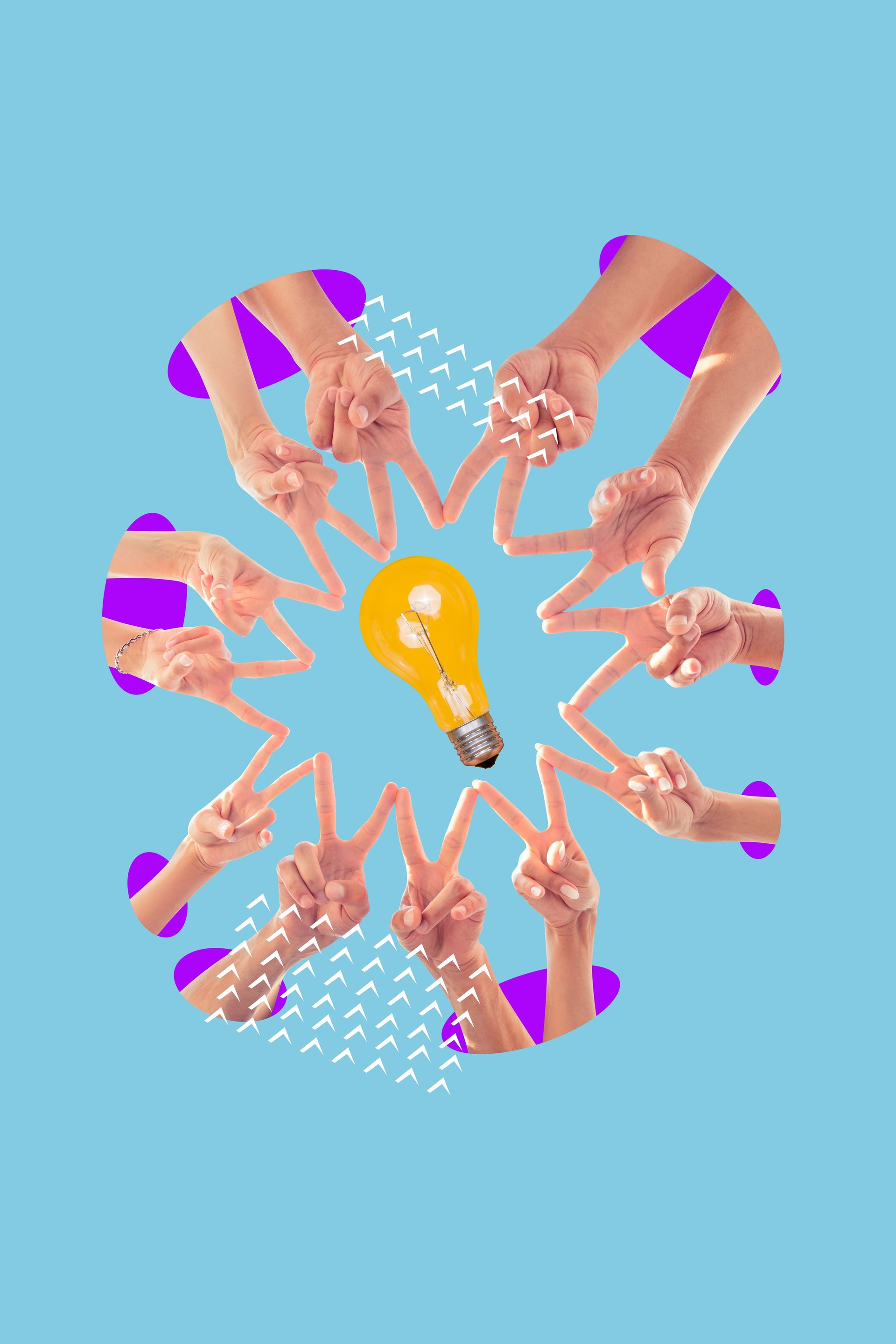 Collage abstrait créatif de mains faisant un geste de collaboration autour de l’ampoule