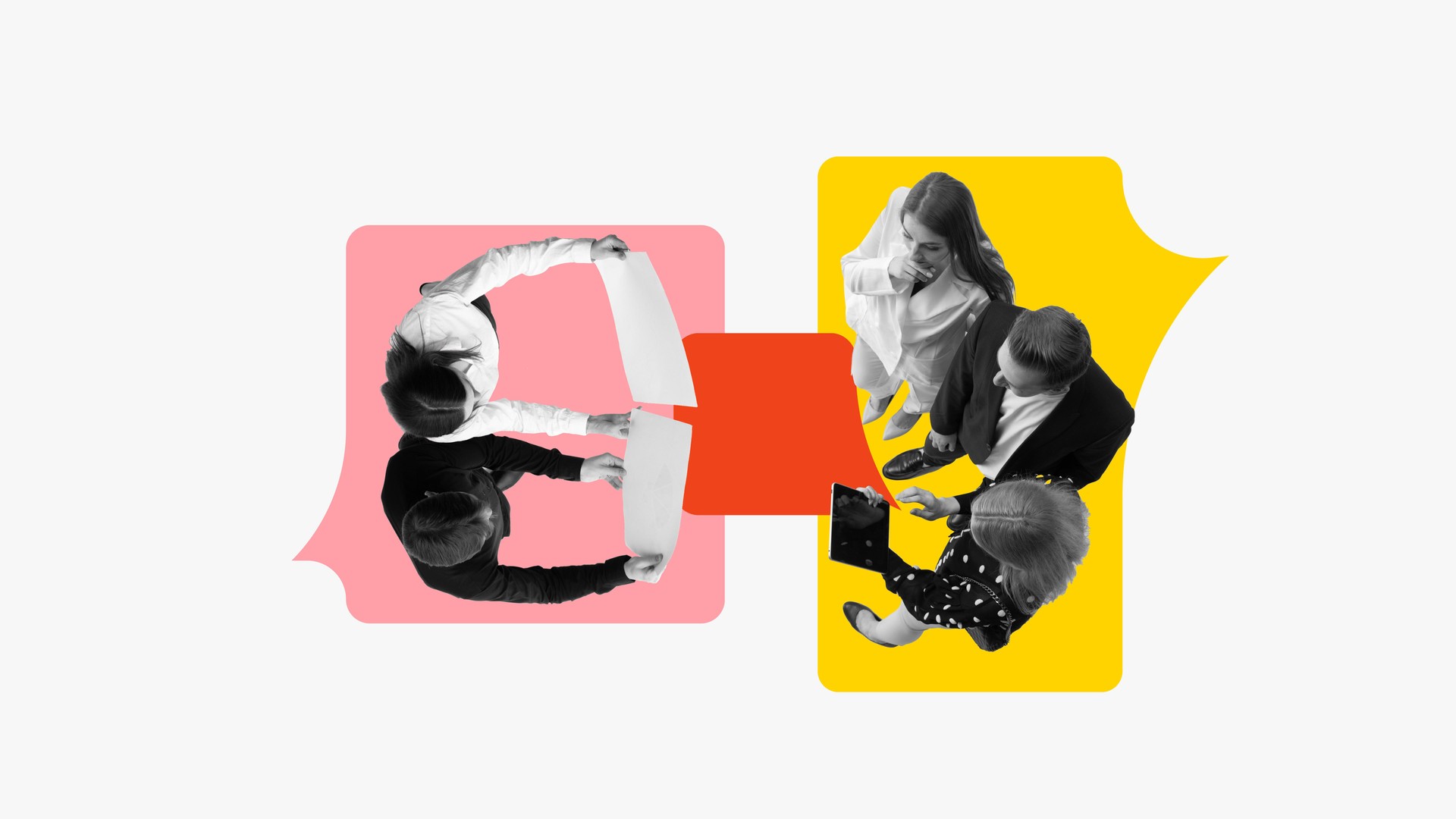 Ambitious and concentrated employees leading lively discussion about project, working together. Contemporary art collage.